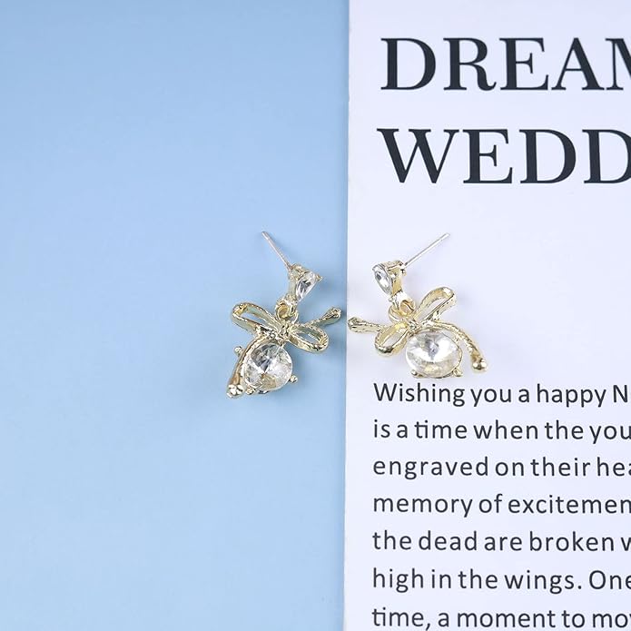 Vintage Rhinestone Bow Drop Earrings Gold Teardrop Crystal Earrings Round Cut Stud Earrings Bow Crystal Bridal Earrings Jewelry for Women-Velvo Beauty