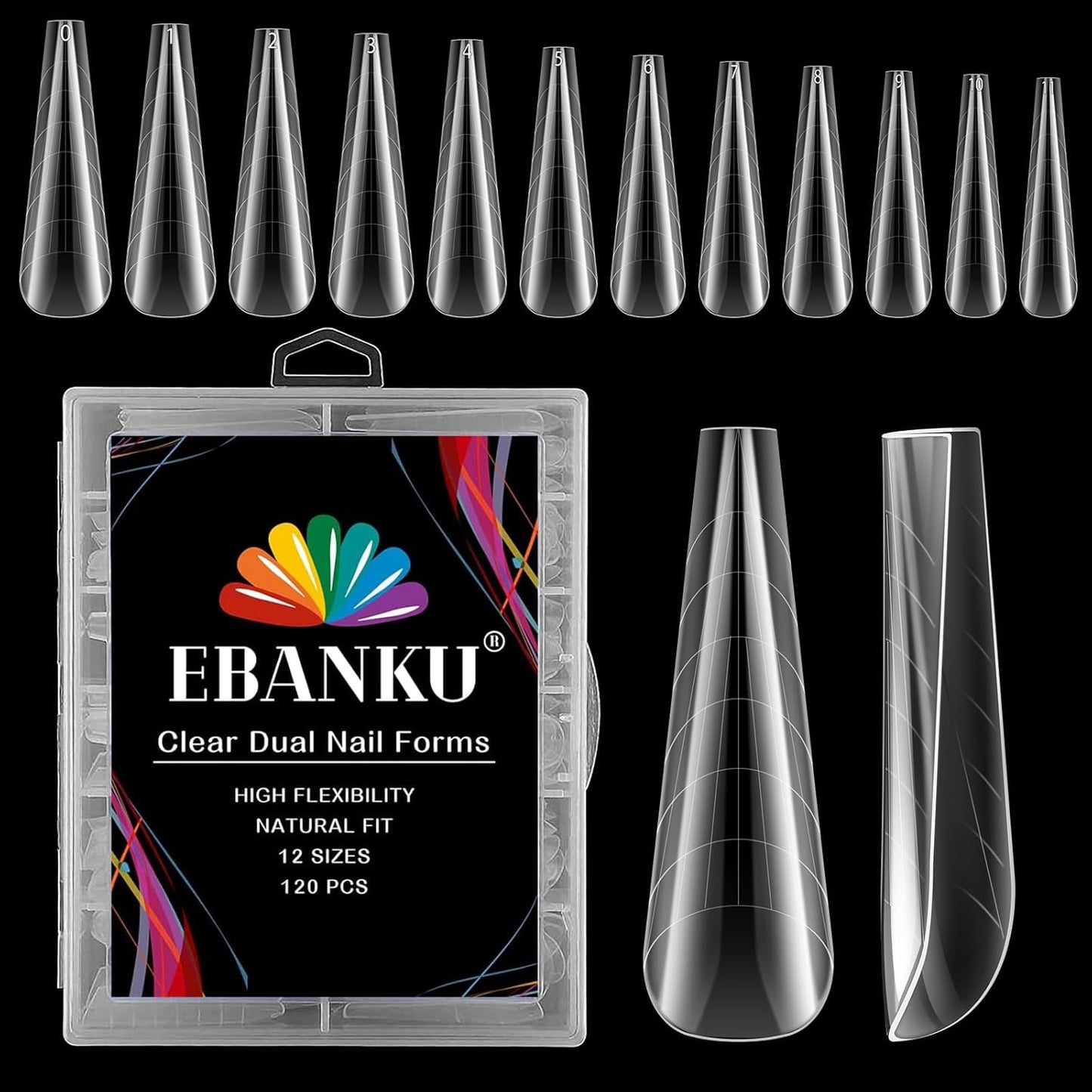 EBANKU 120Pcs Poly Extension Gel Dual Forms Clear Tips Set - Acrylic False Nails With 12 Sizes Square Stiletto Gel Forms Full Cover Reusable Molds-Velvo Beauty
