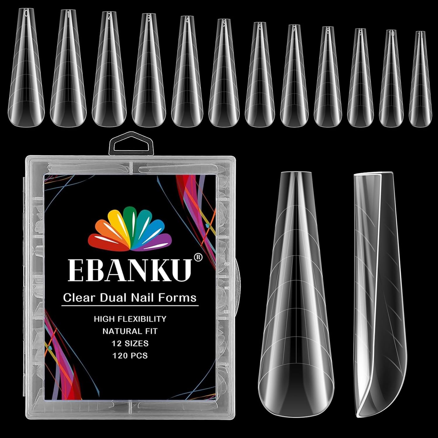 EBANKU 120Pcs Poly Extension Gel Dual Forms Clear Tips Set - Acrylic False Nails With 12 Sizes Square Stiletto Gel Forms Full Cover Reusable Molds-Velvo Beauty