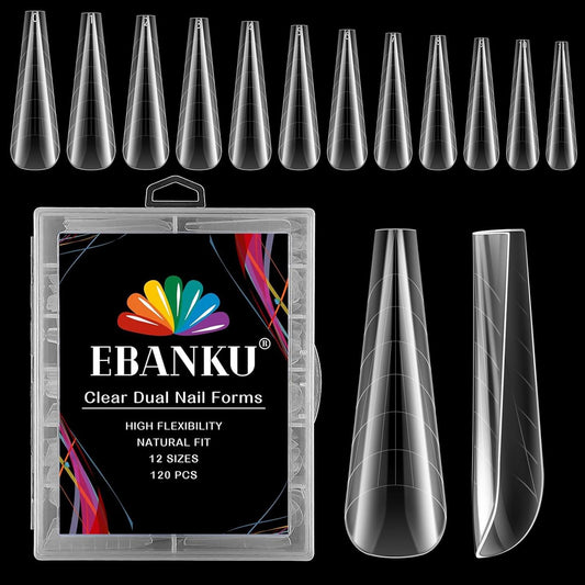 EBANKU 120Pcs Poly Extension Gel Dual Forms Clear Tips Set - Acrylic False Nails With 12 Sizes Square Stiletto Gel Forms Full Cover Reusable Molds-Velvo Beauty