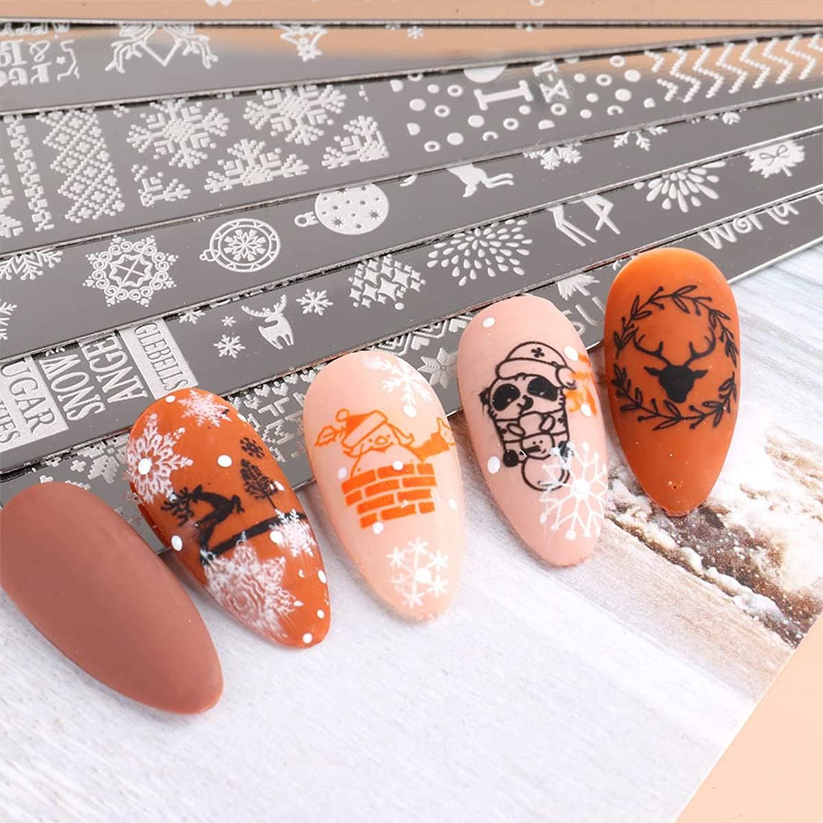 6Pcs Christmas Nail Stamp Template Kit 1 Silicone Stamper 1 Scraper Winter Snowflakes Nail Art Stamping Plates Xmas Snow Deer Bells Pine Tree Nail Stamping Image Stamp for Women Nail Art Supplies-Velvo Beauty