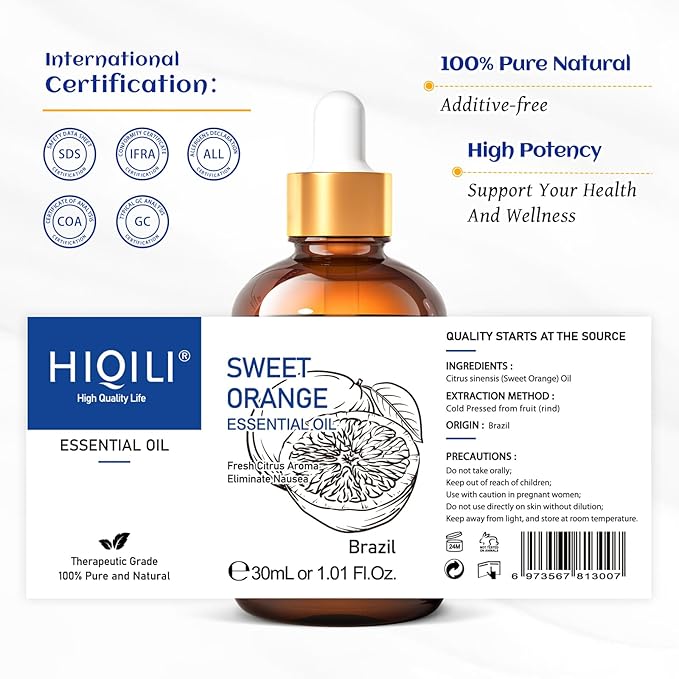 HIQILI 30ML Sweet Orange Essential Oil - Pure and Natural for Diffuser, Skin - 1 Fl Oz-Velvo Beauty