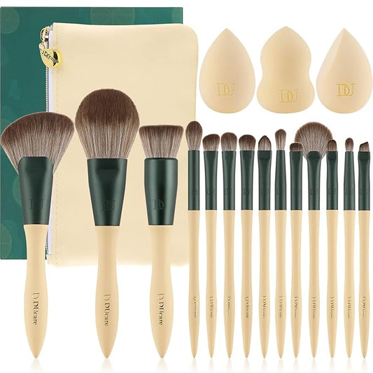 DUcare Makeup Brushes 14Pcs with 3Pcs Makeup Spong & Cosmetic Bag - Lime Mojito Series Makeup Brush Set for Foundation Blending Face Powder Blush Concealers Eye Shadows-Velvo Beauty