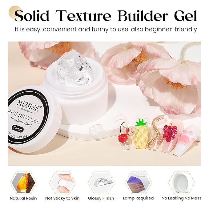 MIZHSE Solid Builder Gel for Nails, Clear Non-Sticky Sculpting Gel, 3D Nail Art Carving Building Modeling Hard Nail Extension Soak Off UV/LED Nail Art Salon Home DIY 15g-Velvo Beauty
