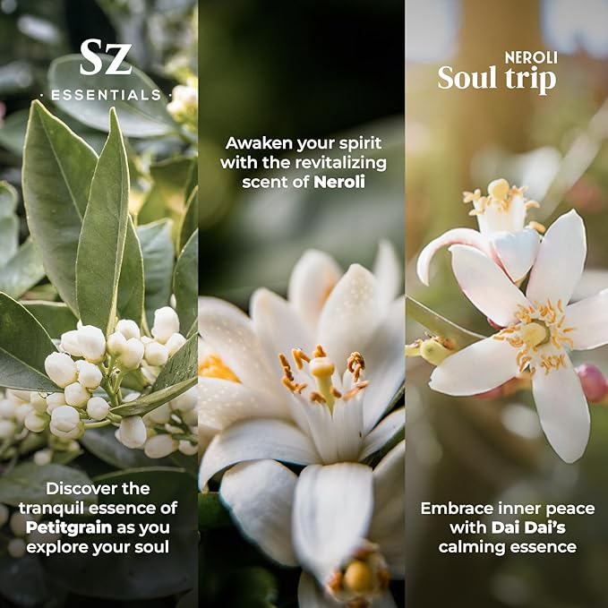 Neroli Soul Trip Essential Oils Collection- Neroli + Petitgrain Sur Fleurs + Dai Dai Blossom -Set of 3 Bottles (0.17 Fl Oz- 5ml each)- 100% Pure & Undiluted - Therapeutic Grade & Vegan-Velvo Beauty