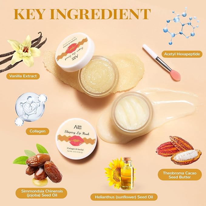 ANAI RUI Lip Mask and Scrub Set, Lip Sleeping Mask & Lip Exfoliator/Scrub for Exfoliating & Lip Overnight Treatment, Lip Care Gift Kits for Dry, Chapped & Dark Lips, Reduce Fine Lines, Vanilla-Velvo Beauty