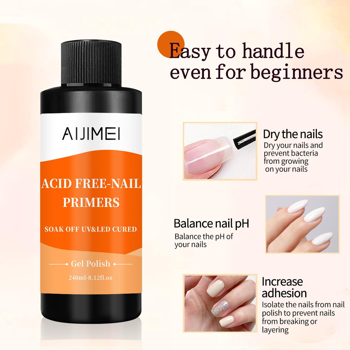 AIJIMEI 240ml Nail Primer for Gel Polish Nail Primer for Stronger Nails, Nail Care Compatible with All Polishes Nail Art Enhance Adhesion and Extend Gel Manicure Wear 8 Fl Oz-Velvo Beauty