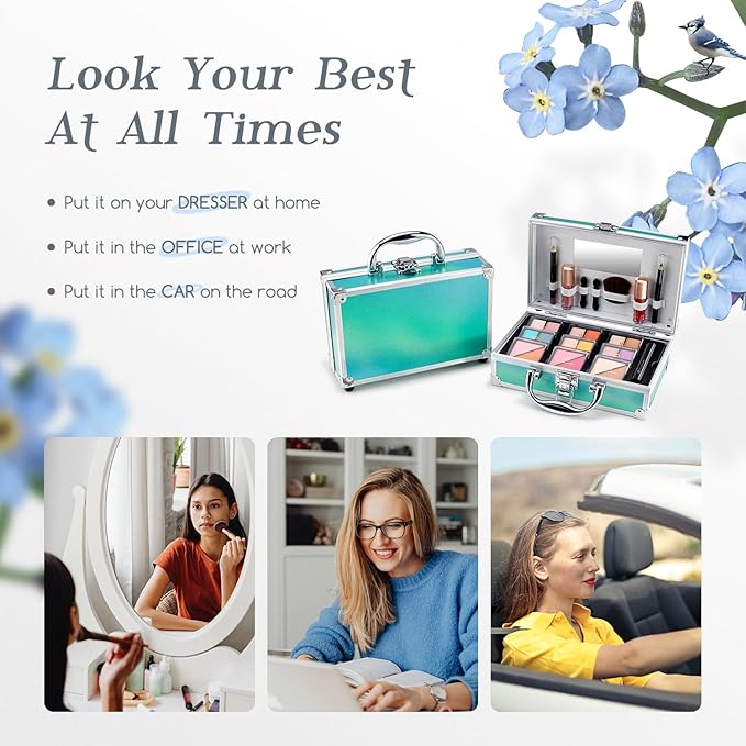 Color Nymph Beginner Makeup Kits For Teens With Train Case Included Full Makeup Kit Eyeshadow Palette Blushes Bronzer Highlighter Lipstick Brushes Mirror (Green)-Velvo Beauty