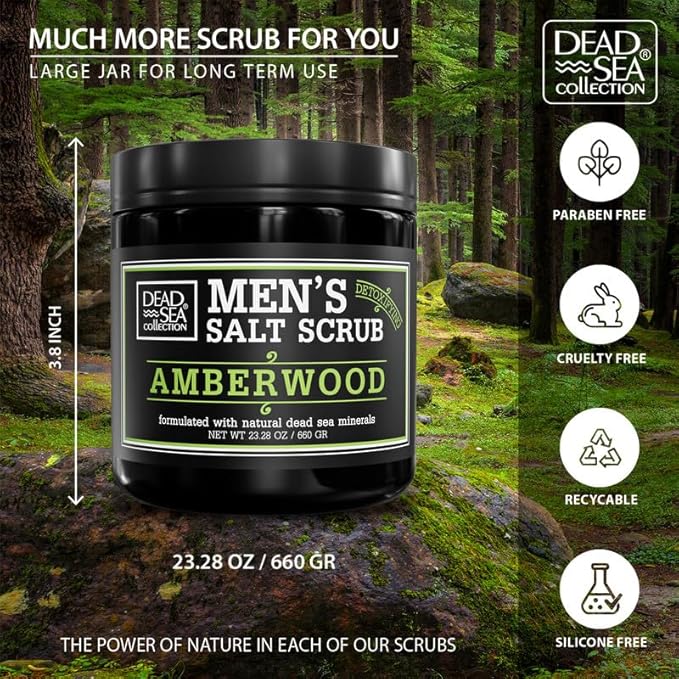 Salt Body Scrub Amberwood For Men – Moisturizes, Exfoliates & Nourishes Skin – Cleanses & Detoxifies with Dead Sea Minerals - Dead Sea Collection – 23.28 OZ-Velvo Beauty