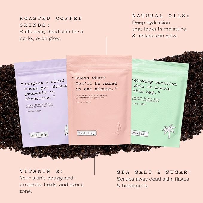 Frank Body Scrub Variety Pack | Natural, Vegan, Cruelty Free Exfoliating Body Scrub | Includes Original Coffee, Cacao, & Coconut Coffee Scrubs | 3 x 7.05 oz / 200 g-Velvo Beauty