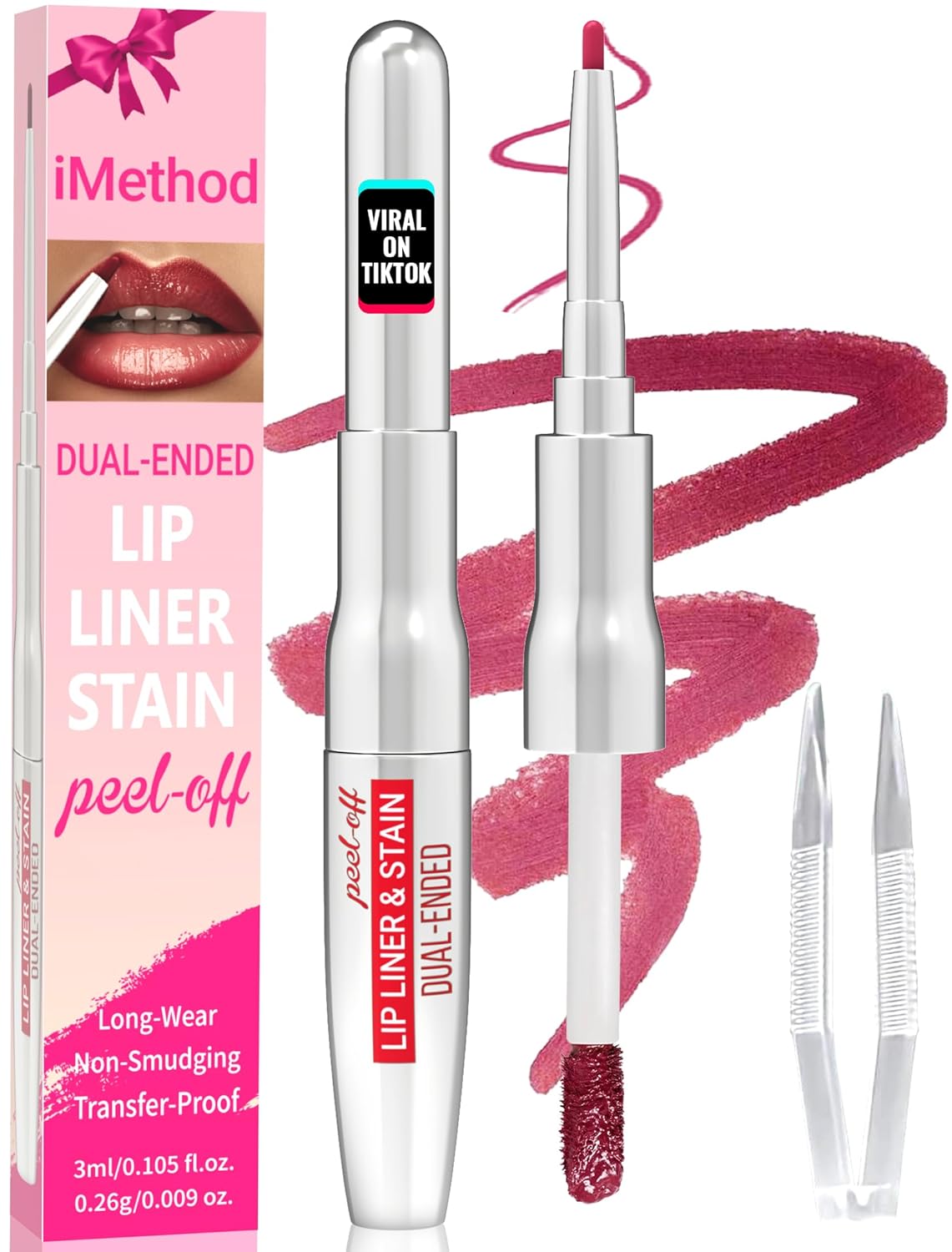 iMethod Lip Liner Stain - Lip Stain, 2-In-1 Dual-Ended Peel Off Lip Stain with Tweezer, Natural Long Lasting Peel Off Lip Liner, Easy to Use for All Skin Types, Stay All Day, Mauve-Velvo Beauty