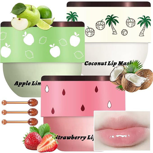 3 PCS Bee Lip Balm Honey Pot, Strawberry & Apple Lime & Coconut Lip Mask Overnight Propolis Moisturizing Lip Balm Hydrating Prevention Dry and Crack Lip Scrubs Exfoliator Lip Wrinkle Care (Set D)-Velvo Beauty