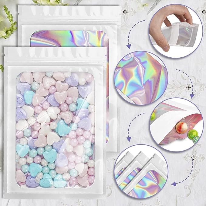 100 Pieces Smell Proof Mylar Bags, Holographic Packaging Bags, Resealable Odor Foil Pouch Zipper Bag with Clear Window for Food Storage and Lipgloss, Jewelry Lash(White, 4 x 6 Inch)-Velvo Beauty