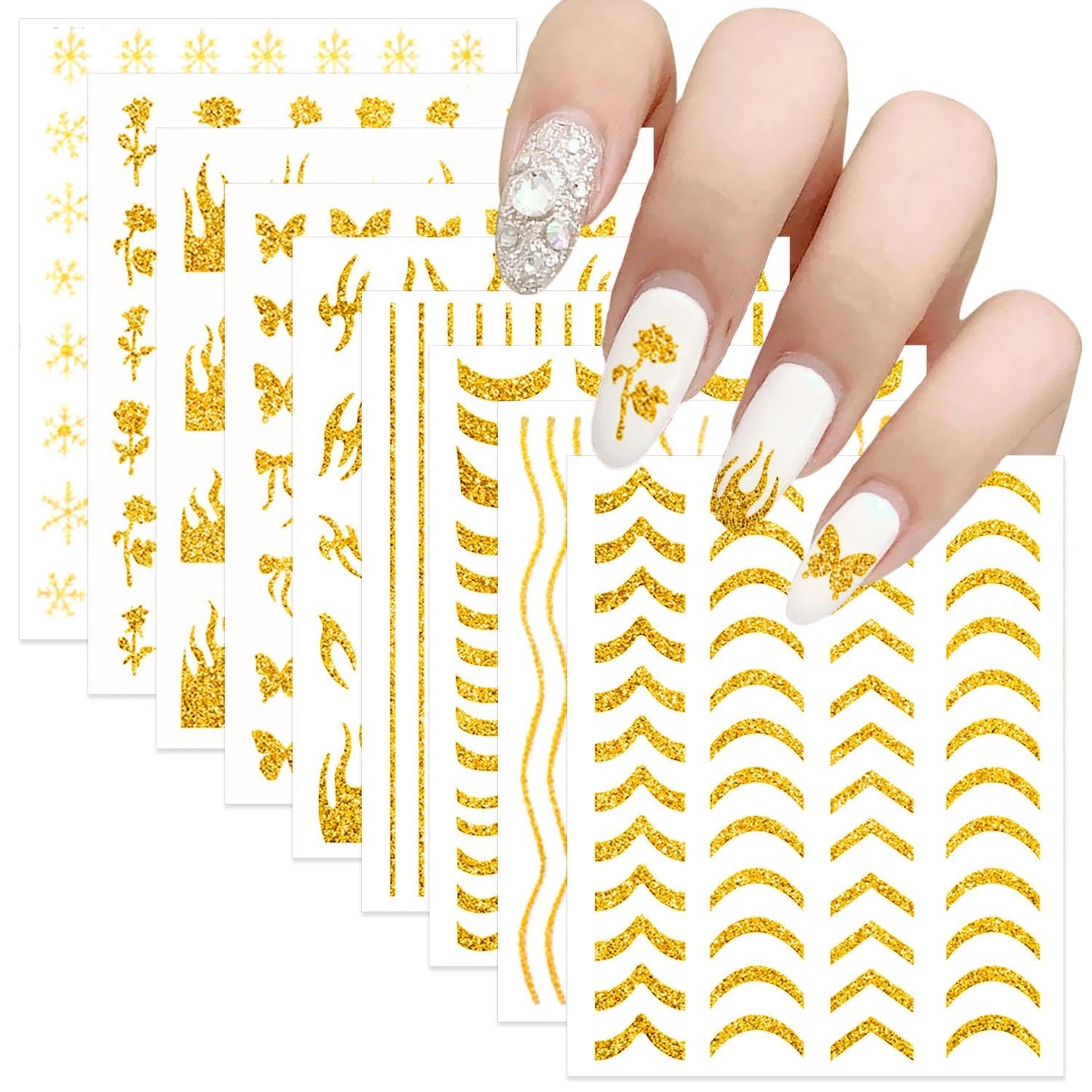 SILPECWEE 8 Sheets Gold Glitter Nail Art Stickers Decals for Women Kids French Nail Stickers French Tip Stripe Flame Flower Butterfly for Nails Design 3D Self-Adhesive Manicure Decoration-Velvo Beauty