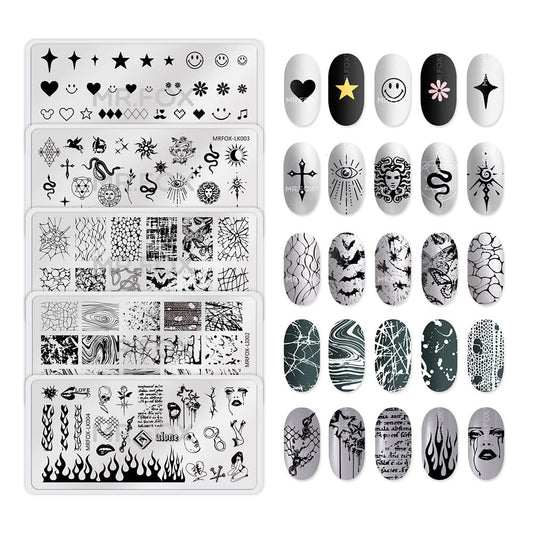 MRFOX 5 Pcs Nail Plates Stamping Set Marbled Punk Spider Web Heart Star Theme Leaf Nail Art DIY Stamping Template-Velvo Beauty
