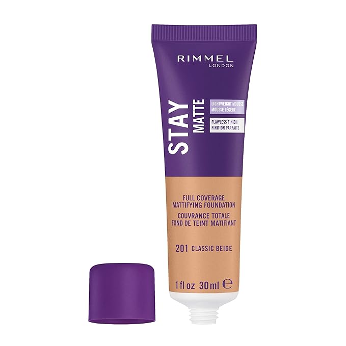 Rimmel London Stay Matte Liquid Mousse - 201 Classic Beige - Foundation, Lightweight, Shine Control, Oil-Free, 1oz-Velvo Beauty