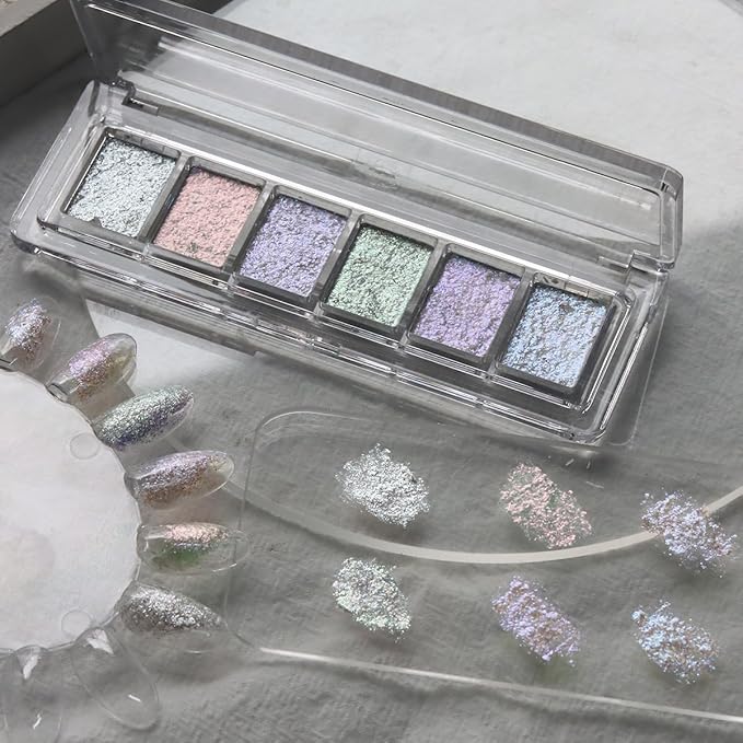Iridescent Nail Glitter Set, 6 Colors Mud Texture Aurora Chrome Powder, Pink Blue Pearlescent Glitter, Chameleon Nail Flakes Gold Leaf, Holographic Manicure Decor-Velvo Beauty