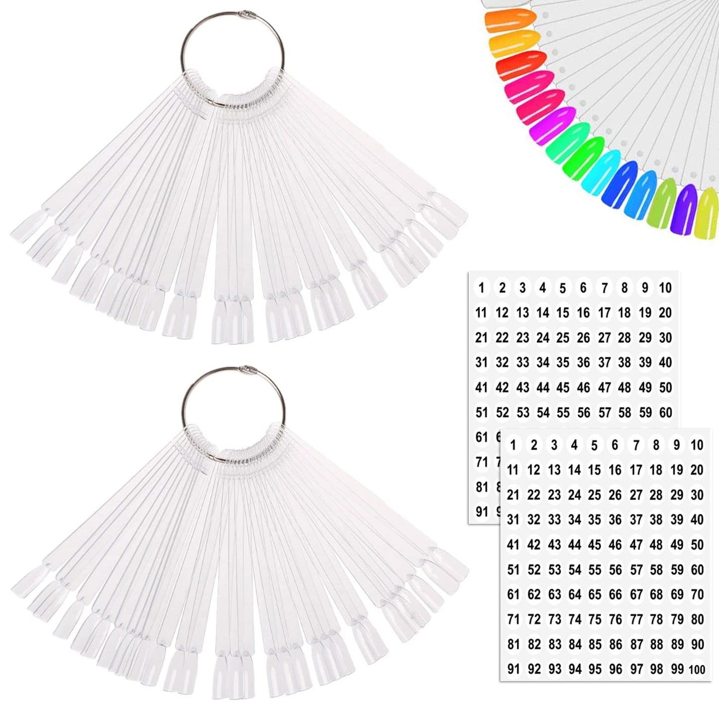 JASSINS 100 Pcs Clear Fan-shaped False Nail Swatch Sticks Nail Polish Practice Display Art Tips Nail Sample Sticks With Metal Split Ring-Velvo Beauty
