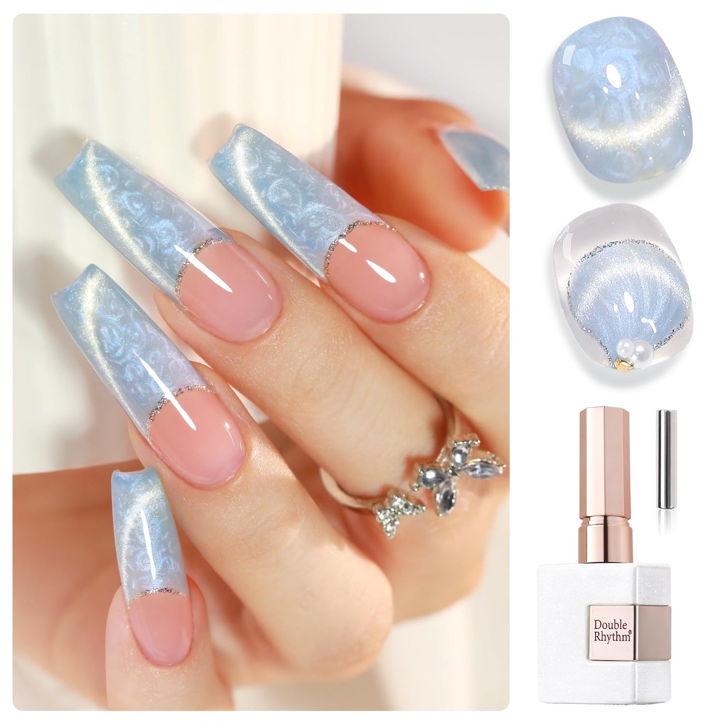 Double Rhythm 15ML Ice Glass Cat Eye Gel Polish with Magnet Holographic Glitter Shimmer Translucent Sheer Color Salon Soak Off Magnetic Nail at Home (Mermaid Blue-MC1135)-Velvo Beauty