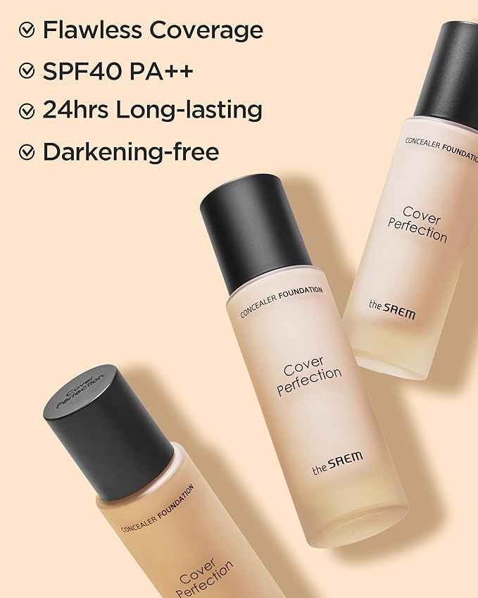 THESAEM Cover Perfection Concealer Foundation - 24H Coverage, Light Liquid Texture - Ideal for Oily, Combination Skin, Provides Semi-Matte, Smooth Finish, 1.01 fl.oz. (2.0 Rich Beige)-Velvo Beauty