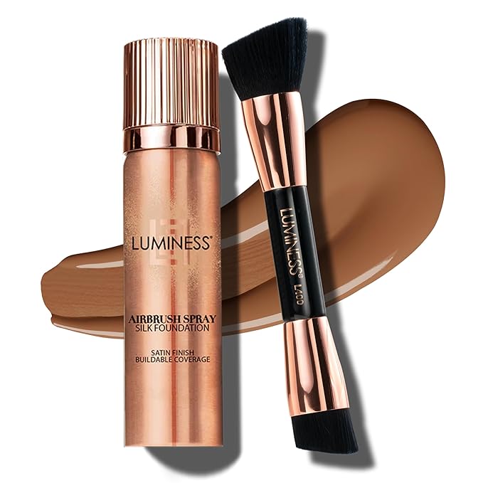 LUMINESS Silk Airbrush Spray Foundation & Buffing Brush Kit – Full Coverage Foundation & Dual-Sided Buffing Brush - Buildable Coverage, Anti-Aging Formula Hydrates & Moisturizes (Shade - Tan Dark)-Velvo Beauty
