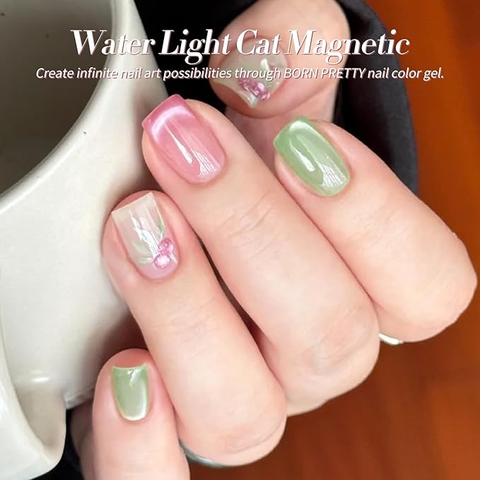 Born Pretty Pastel Magnetic Gel Nail Polish,Water Light Cat Magnetic Eye Gel Jelly Glass Crystal Nail Polish Glitter Shimmer Auroras Magnetic Gel Nail Art Manicure Kit 6PCS-Velvo Beauty
