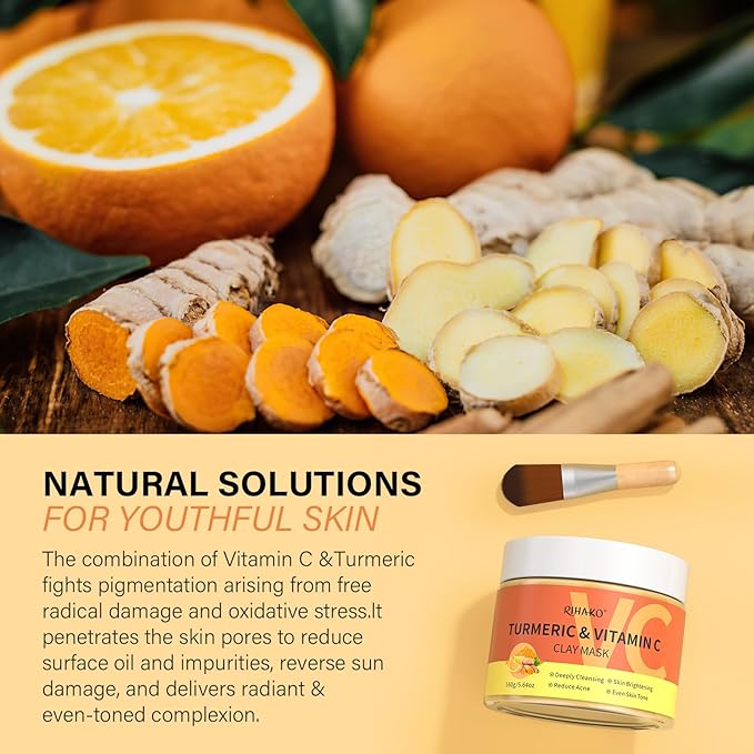 Turmeric Vitamin C Clay Mask -Turmeric Facial Mask - Brightening Clay Face Mask Skincare, Deep Cleansing Face Mask, Acne Face Mask for for Dark Spots, Dull Skin, Refining Pores and Controlling Oil-Velvo Beauty