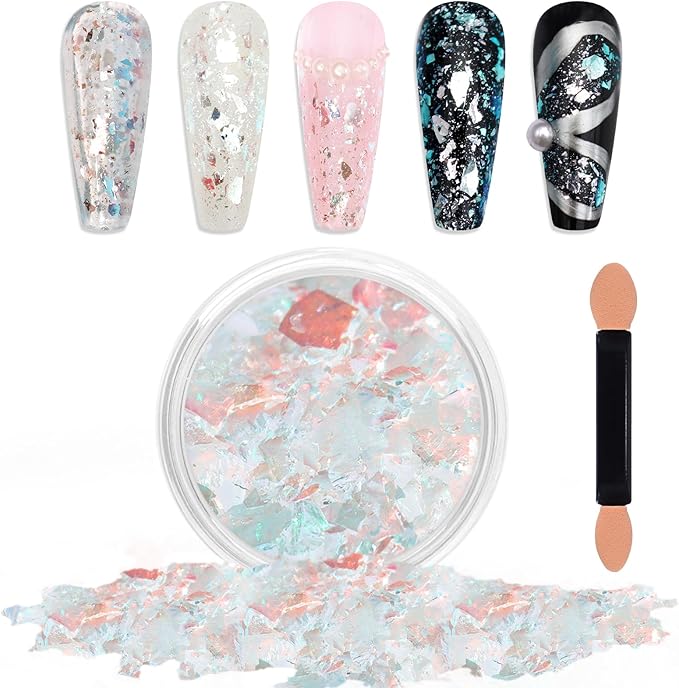 Laza Ice Blue Pearl Chameleon Flakes Nail Glitter Irregular Opal Nail Foil Flakes Chunky Confetti Color-Shift Sequins Iridescent Fairy Dust for Mermaid Nails Design, Nail Decorations for Nail Art-Velvo Beauty