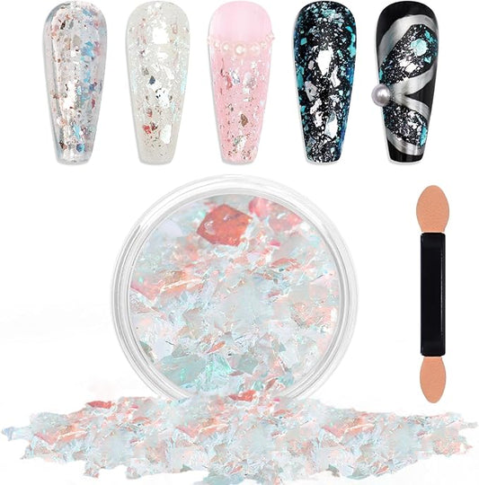 Laza Ice Blue Pearl Chameleon Flakes Nail Glitter Irregular Opal Nail Foil Flakes Chunky Confetti Color-Shift Sequins Iridescent Fairy Dust for Mermaid Nails Design, Nail Decorations for Nail Art-Velvo Beauty