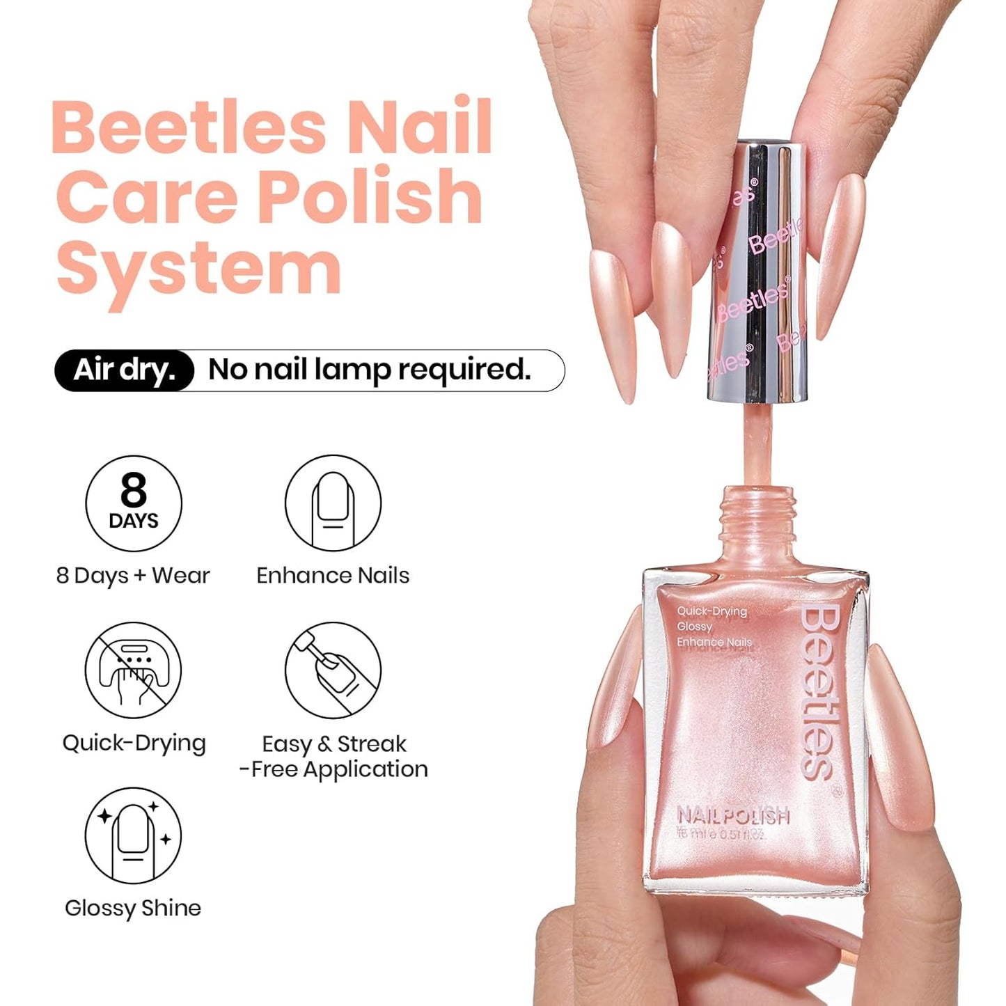 Beetles Pearly Pink Nail Polish,Fast Air Dry, No UV Needed –Perfect for Party, Long-Lasting Neutral Color for DIY At-Home or Salon Use, 15ml/0.51oz-Velvo Beauty