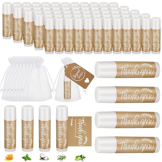 100 Set Thank You Lip Balm Bulk Small Natural Moisturizing Mini Lip Balm with Organza Bag and Card for Baby Wedding Bridal Shower Thank You Favors Bridesmaid Gifts Women Guests-Velvo Beauty