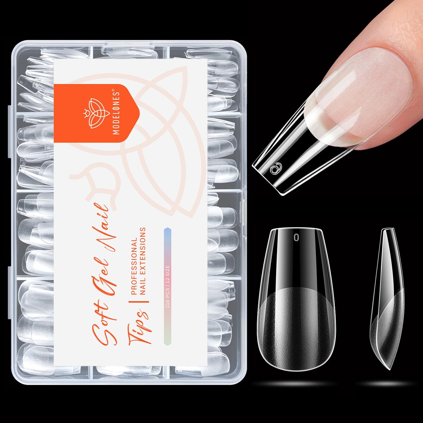 modelones Medium Coffin Nail Tips, Pre-shaped Soft Gel Tips Fake Nails False Acrylic Clear Full Cover Press on Extension Kit Gel Manicure DIY at Home 216PCS 12Sizes-Velvo Beauty