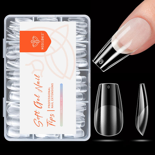 modelones Medium Coffin Nail Tips, Pre-shaped Soft Gel Tips Fake Nails False Acrylic Clear Full Cover Press on Extension Kit Gel Manicure DIY at Home 216PCS 12Sizes-Velvo Beauty