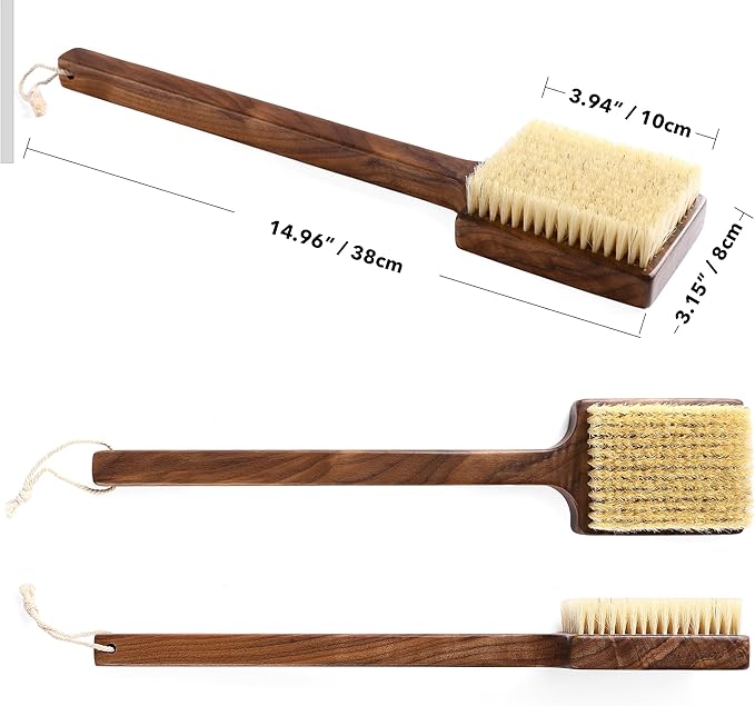 Luxury Natural Walnut Wood Boar Bristle Body Brush | Exfoliating & Detoxifying for All Skin Type | Sweeps Away Dead Skin Cells for Luminous, Smooth Skin | for Wet and Dry Use (Long Handle)-Velvo Beauty