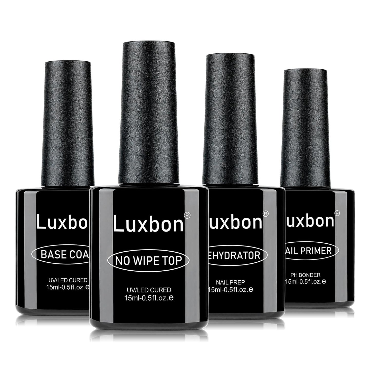 Luxbon 4 Pcs 15ml No Wipe Gel Top Coat and Base Coat Nail Primer Dehydrator Set - Long Lasting, Shine Finish, UV LED Nail Lamp Soak Off Gel Base Top Coat Manicure-Velvo Beauty