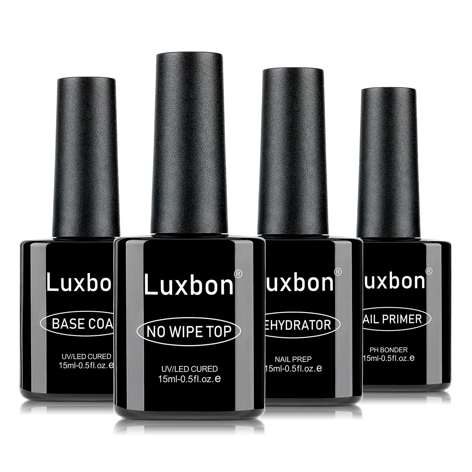 Luxbon 4 Pcs 15ml No Wipe Gel Top Coat and Base Coat Nail Primer Dehydrator Set - Long Lasting, Shine Finish, UV LED Nail Lamp Soak Off Gel Base Top Coat Manicure-Velvo Beauty