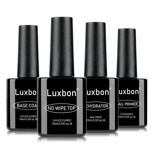 Luxbon 4 Pcs 15ml No Wipe Gel Top Coat and Base Coat Nail Primer Dehydrator Set - Long Lasting, Shine Finish, UV LED Nail Lamp Soak Off Gel Base Top Coat Manicure-Velvo Beauty