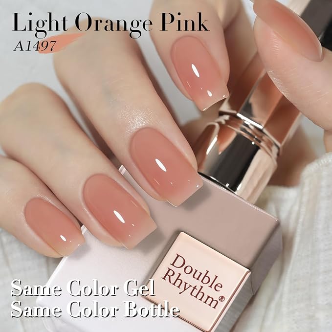 Double Rhythm 0.50 OZ Translucent Gel Polish Same Color Same Bottle Sheer Pastel Neutral Natural Milky 15 ML Jelly UV Nail Art DIY at Home (Light Orange Pink-A1497)-Velvo Beauty