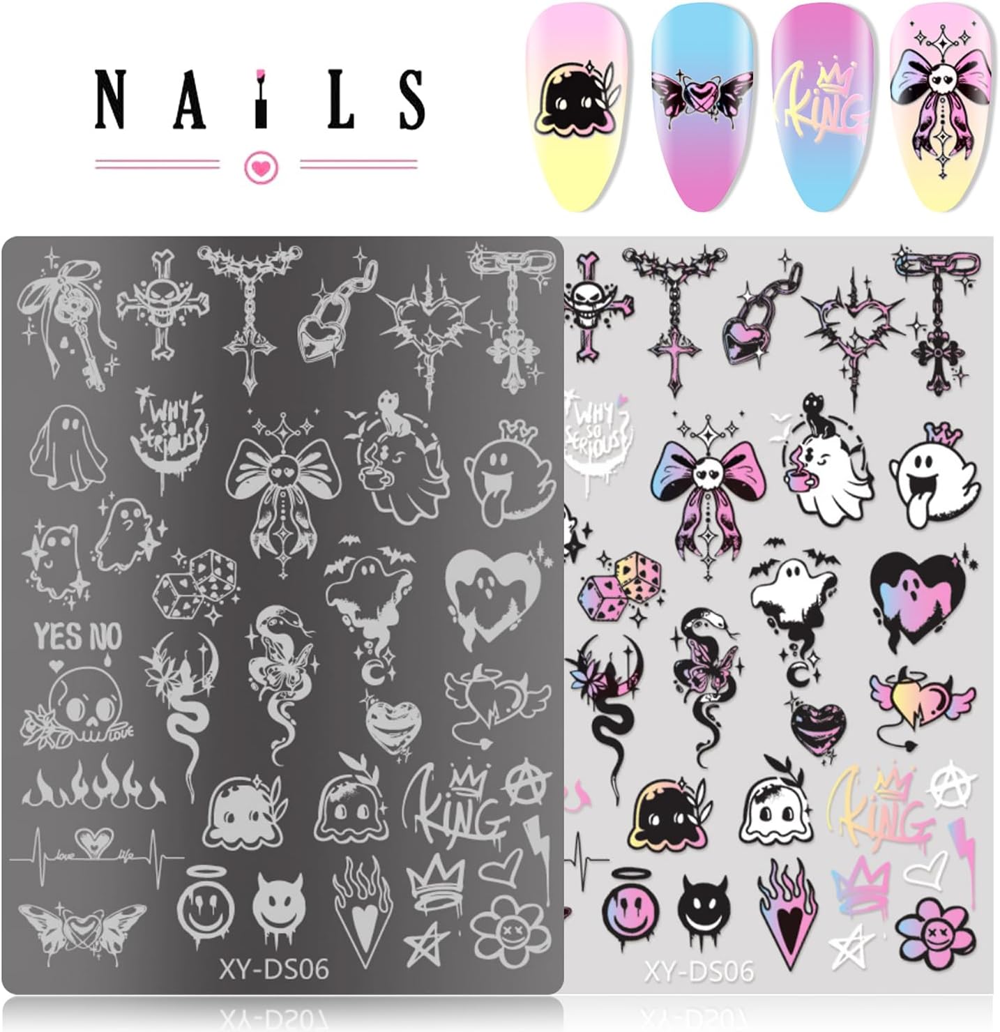 4Pcs Gothic Cute Nail Stamping Plate Set - Dark Kawaii Nail Art Templates, Stainless Steel Spooky Sweet Nail Stamp Plates with Skull & Lace Patterns for Halloween DIY Manicure Printing Tools-Velvo Beauty