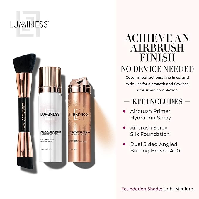 LUMINESS Airbrush Spray Silk Foundation Starter Kit - Light Medium - Foundation, Primer & Dual-Sided Angled Buffing Brush - Medium, Buildable Coverage, Anti-Aging Formula Hydrates & Moisturizes-Velvo Beauty