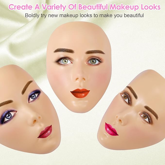 3D Makeup Practice Kit,Reusable Silicone Makeup Practice Face Board/Makeup Mannequin Face,with Makeup Brushes Set&Eyebrow Pencils&Eyelashes&a Makeup Bag&makeup remover towel&Eyeshadow&Lipstick-Velvo Beauty
