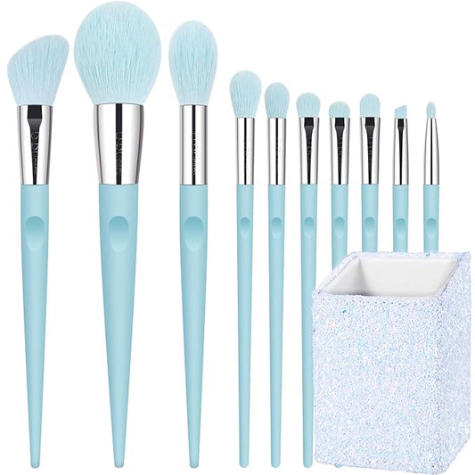 DUcare Makeup Brushes with Holder - 10Pcs Professional Synthetic Make Up Brushes Set for Blush Concealer Foundation Bronzer Powder Eyebrow Contour Eyeshadow Blending Makeup Brush Set, Ice Lake Blue-Velvo Beauty