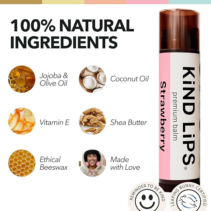 Kind Lips Lip Balm - Nourishing & Moisturizing Lip Care for Dry Lips with Shea Butter, Beeswax & Vitamin E | Strawberry Flavor | 0.15 Oz (Pack of 3)-Velvo Beauty