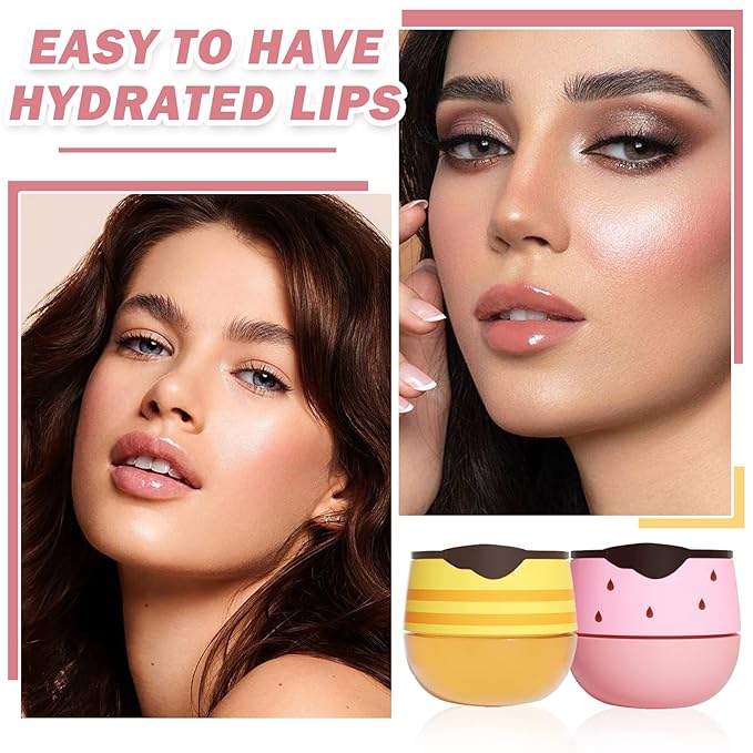 2PCS Bee Lip Balm Honey Pot,Honey Lip Balm With Honey Spoon,Honey Lip Mask Moisturizing Hydrating Prevents Dry and Chapped Lips,Lip Exfoliating Bee Lip Balm（Honey+Strawberry）-Velvo Beauty