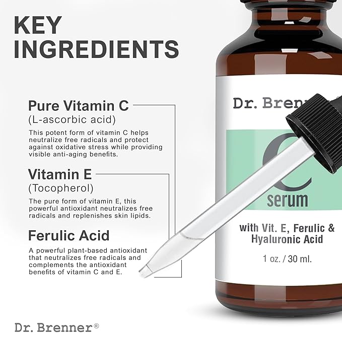 Vitamin C Serum 20% Pure L-Ascorbic Acid, Ferulic Acid, Vitamin E and Hyaluronic Acid for Face and Eyes Natural Anti Aging Anti Wrinkle 1oz. by Dr. Brenner-Velvo Beauty