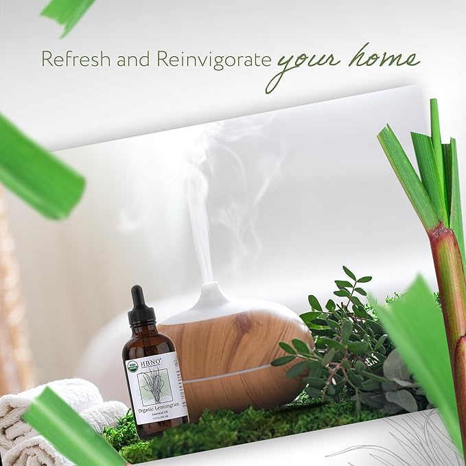 HBNO Organic Lemongrass Essential Oil - Huge 4 oz (120ml) Value Size - USDA Certified Organic Lemongrass Essential Oil, Perfect for Aromatherapy, Soap Making, DIY, Diffuser-Velvo Beauty