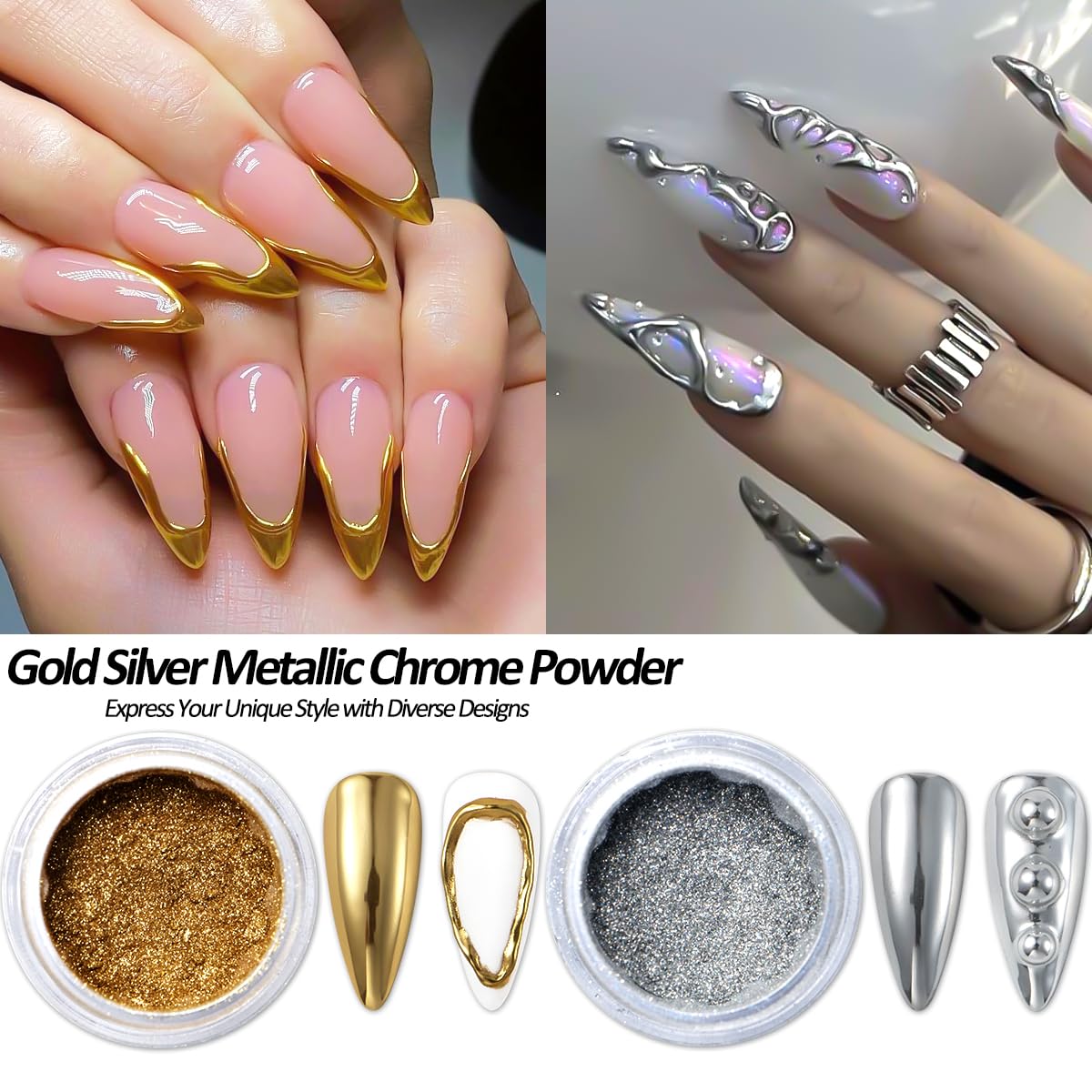 Chrome Nail Powder and 3D Nail Gel Kit, Metallic Mirror Glitter Effect Chrome Powder For Nail Art, Holographic Aurora Iridescent Dip Dust Pigment and 10g Sculpting Gel Set for Nail Decor DIY-Velvo Beauty