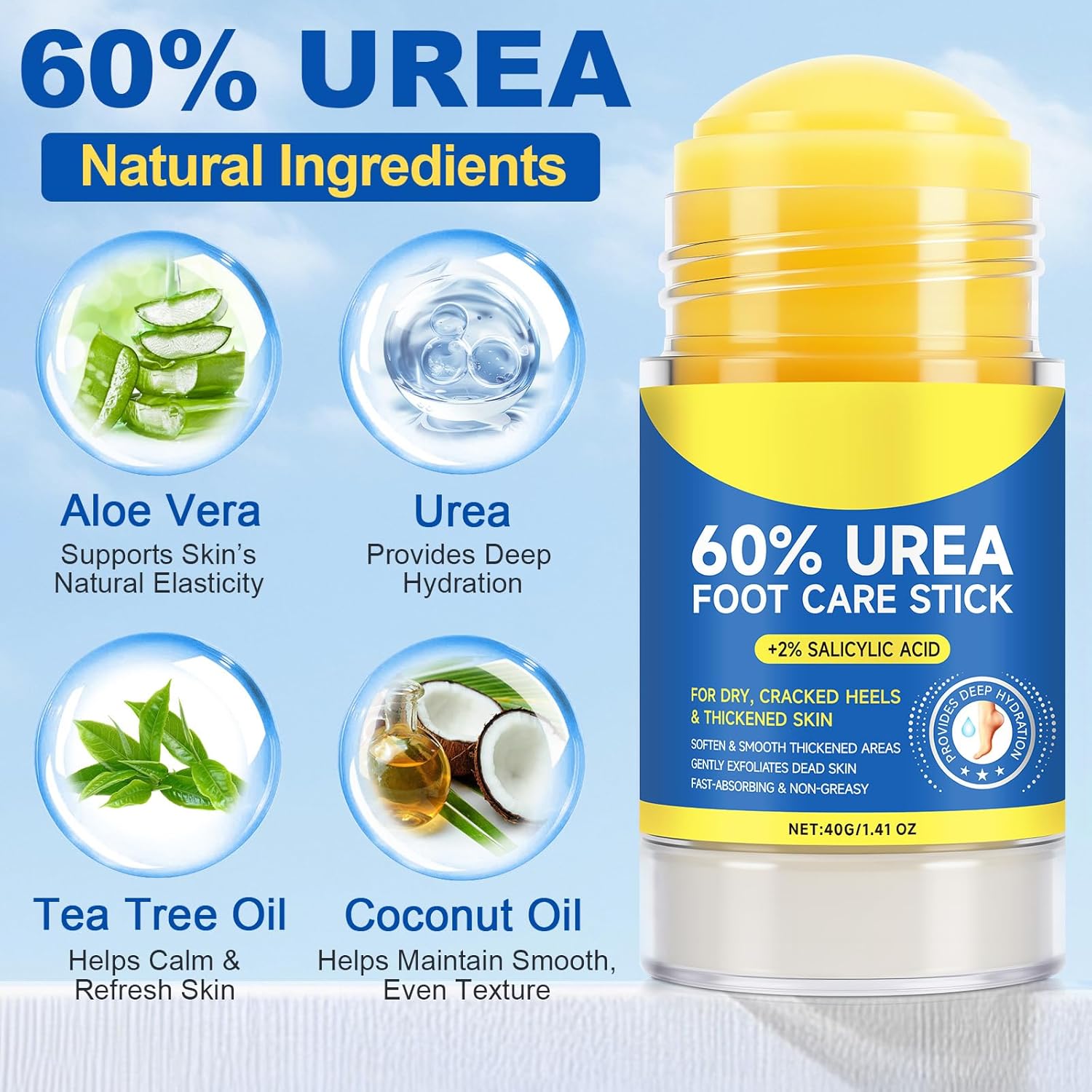 60% Urea with 2% Salicylic Acid Urea Foot Care Stick, Foot Cream Moisturizer for Dry Cracked Feet, Knees, Elbows, Hands,Moisturizes and Hydrates the Dry Skin,Callus Remover & Skin Softener -1.41oz-Velvo Beauty