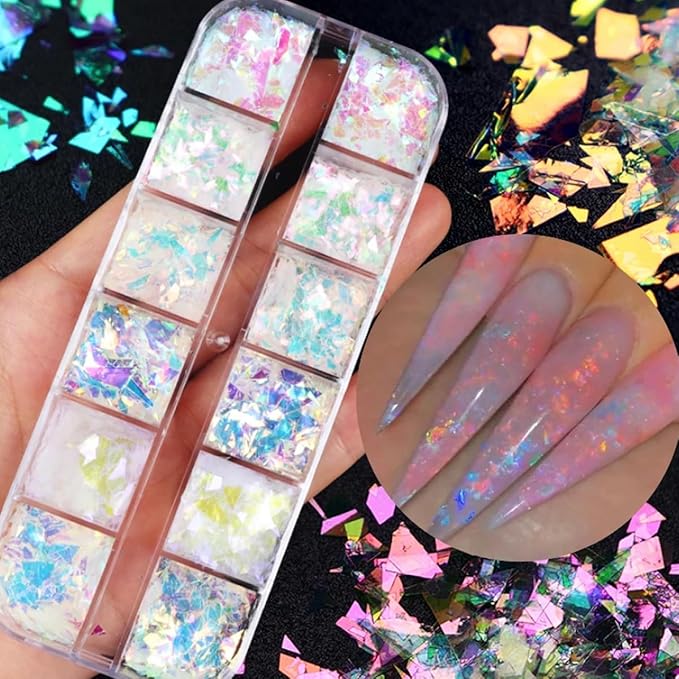 12 Colors Holographic Nail Art Glitter Sequins Aurora Holographic Mermaid Nail Glitter Flash Ice Residue Nail Glitter Sequin Chameleon Flakes Set Fluorescent Glass Paper for Face Body DIY Decoration-Velvo Beauty