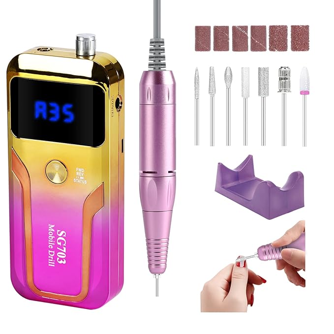 Portable Nail Drill Professional 35000 RPM, MOCOWIND Rechargeable Electric Nail File Machine for Acrylic Nails Gel Polishing, Cordless E-File with Bits Kit for Manicure Salon Home, Yellow & Purple-Velvo Beauty
